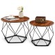 Set of 2 modern round coffee tables with rustic brown tops and pentagonal steel bases, ideal for versatile home use.
